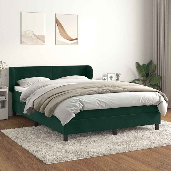 vidaXL Pat box spring cu saltea, verde &icirc;nchis, 140x200 cm, catifea