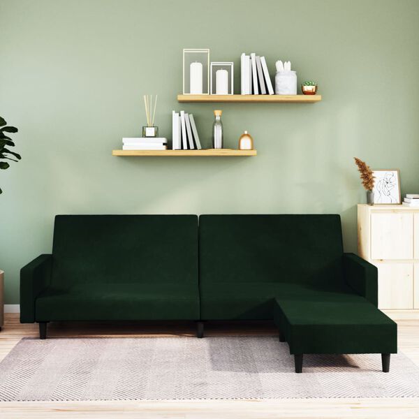 vidaXL Canapea extensibilă cu taburet, 2 locuri, verde &icirc;nchis, catifea