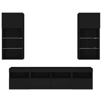vidaXL Unități de perete TV cu LED-uri, 5 piese, negru, lemn prelucrat