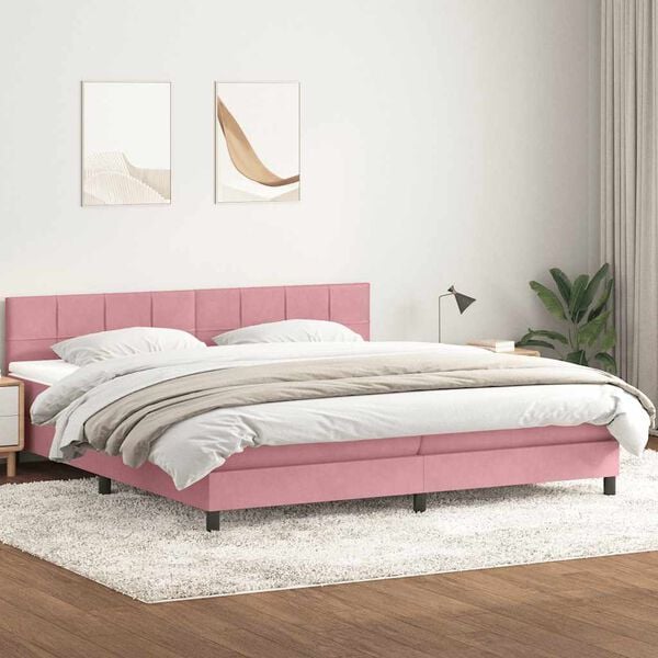 vidaXL Pat box spring cu saltea, roz, 200x210 cm, catifea