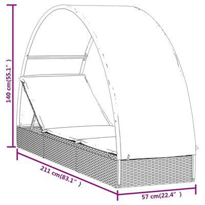 vidaXL Șezlong cu acoperiș rotund, gri, 211x57x140 cm, poliratan