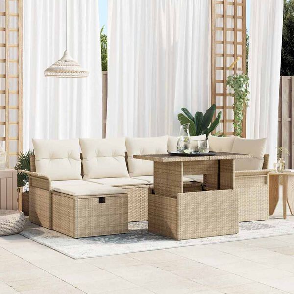 vidaXL Set de canapele pentru grădină cu pernă 7 pcs Bej Rattan poli