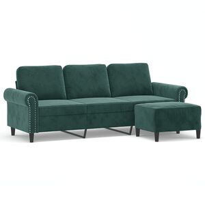 vidaXL Canapea cu 3 locuri și taburet, verde &icirc;nchis, 180 cm, catifea