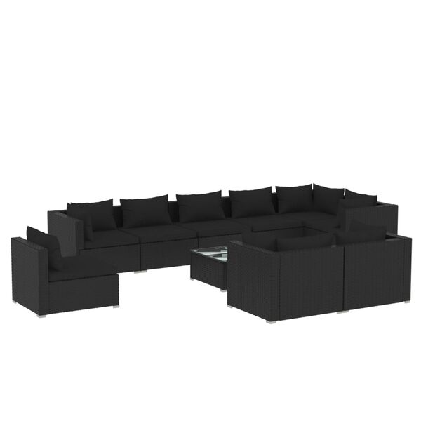 vidaXL Set mobilier de grădină cu perne, 10 piese, negru, poliratan