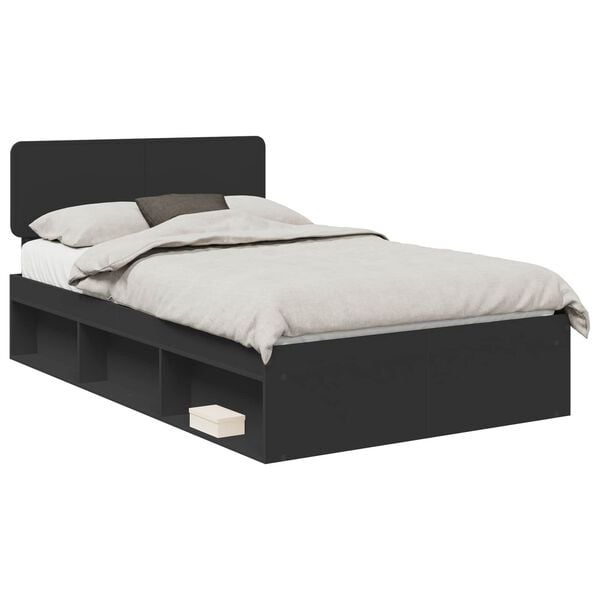 vidaXL Cadru de pat cu headboard Negru 135 x 190 cm Lemn de pin masiv
