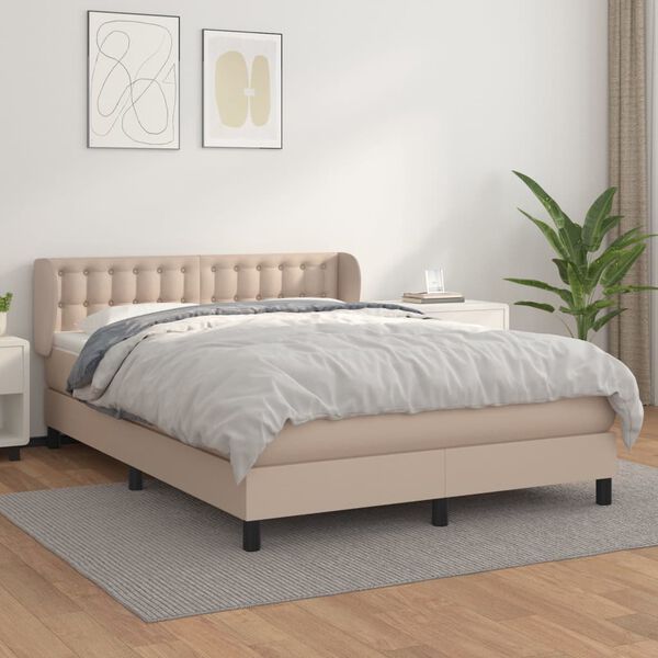 vidaXL Pat box spring cu saltea, cappuccino, 140x190cm piele ecologică