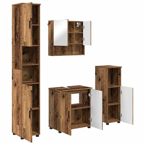 vidaXL Set de mobilier pentru baie Pe perete cu ușă 4 pcs Lemn Vechi