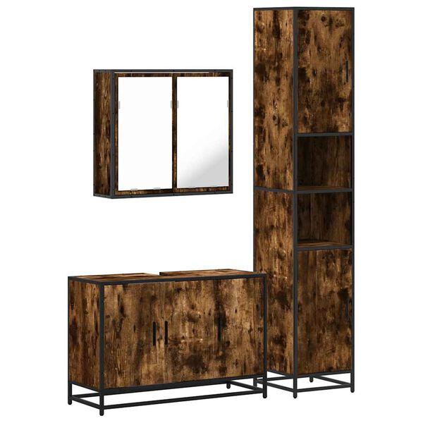 vidaXL Set mobilier de baie, 3 piese, stejar fumuriu, lemn prelucrat