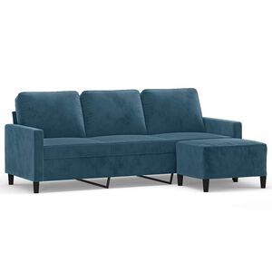 vidaXL Canapea cu 3 locuri și taburet, albastru, 180 cm, catifea