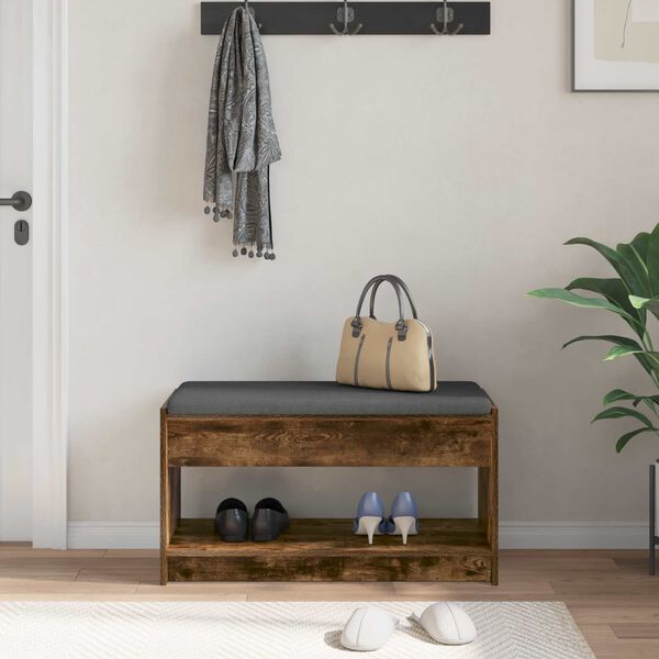 vidaXL Bancă pentru hol cu pernă cu raft Stejar Afumat 83 x 38 x 45 cm