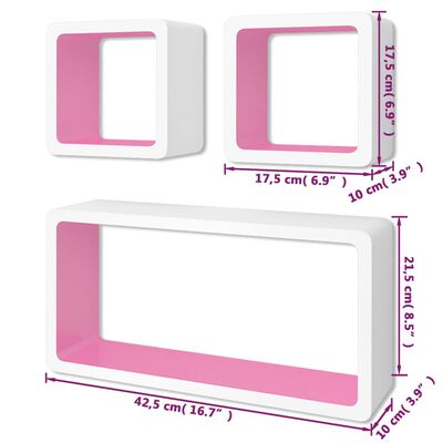 Raft perete suspendat MDF, 3 buc, alb-roz, cuburi depozitare cărți/DVD