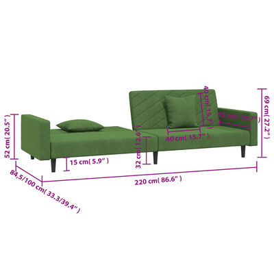 vidaXL Canapea extensibilă cu 2 locuri, 2 perne, verde închis catifea