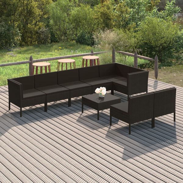 vidaXL Set mobilier de grădină cu perne, 9 piese, negru, poliratan