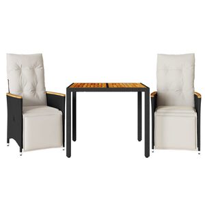 vidaXL Set bistro de grădină cu perne, 3 piese, negru, poliratan