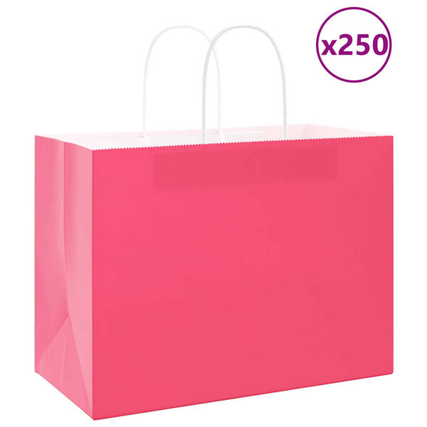vidaXL Pungi de h&acirc;rtie 250 buc cu m&acirc;nere roz 32x17x25 cm