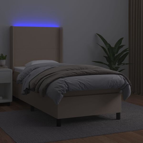 vidaXL Pat cu arcuri, cu saltea și LED cappuccino 90x190 cm, piele eco