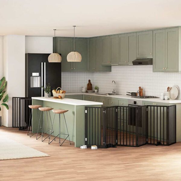 vidaXL Poartă c&acirc;ini pliabilă cu ușă 12 panouri negru 600 cm, lemn plop