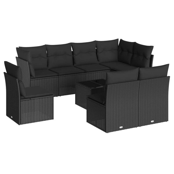 vidaXL Set mobilier de grădină cu perne, 9 piese, negru, poliratan