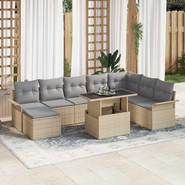 vidaXL Set de canapele pentru grădină cu pernă 9 pcs Bej Rattan poli