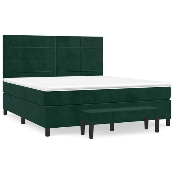 vidaXL Pat box spring cu saltea, verde &icirc;nchis, 180x200 cm, catifea