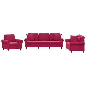 vidaXL Set canapele cu perne, 3 piese, roșu vin, catifea