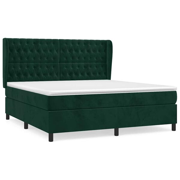 vidaXL Pat box spring cu saltea, verde &icirc;nchis, 160x200 cm, catifea