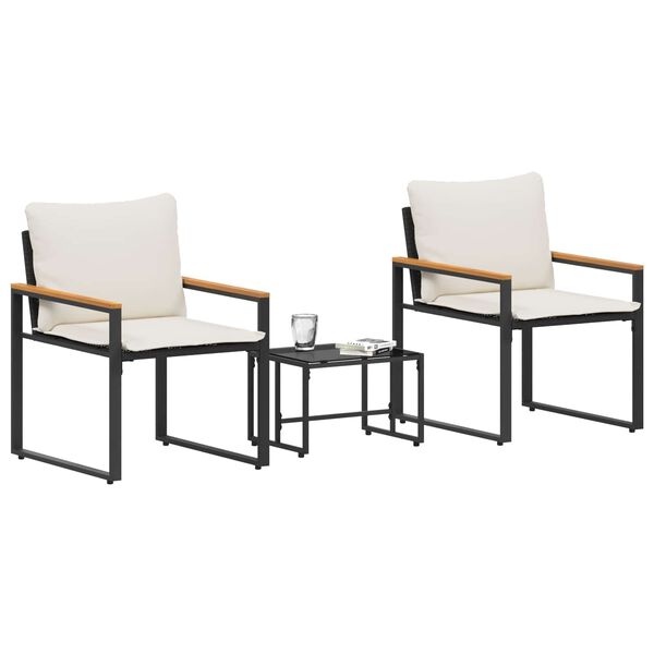 vidaXL Seturi de mobilier cu pernă 3 pcs Negru și Alb crem Ratan