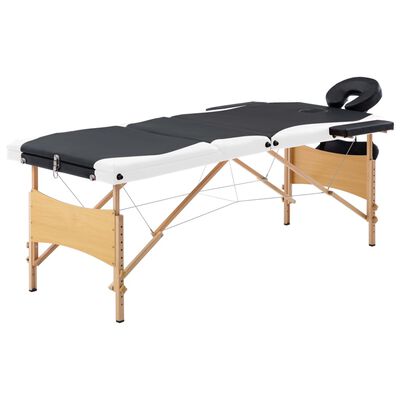 vidaXL Masă pliabilă de masaj, 3 zone, negru și alb, lemn