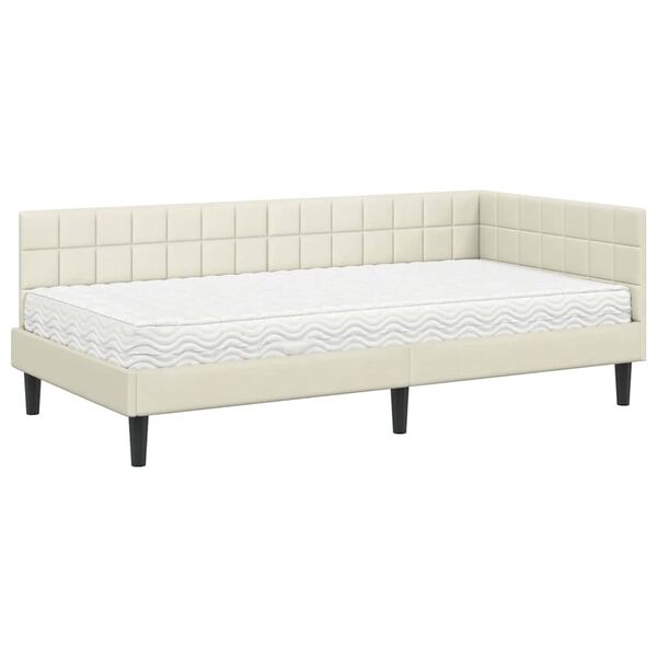 vidaXL Cadru de pat colțar cu saltea cu headboard 2 pcs Crem Catifea