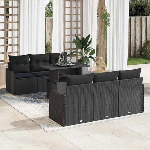 vidaXL Set de canapele pentru grădină cu pernă 7 pcs Negru Rattan poli