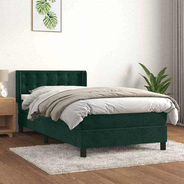vidaXL Pat box spring cu saltea, verde &icirc;nchis, 80x200 cm, catifea
