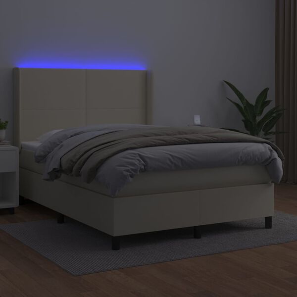 vidaXL Pat cu arcuri, saltea și LED, crem, 140x190 cm, piele ecologică
