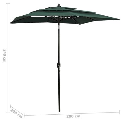vidaXL Umbrelă de soare 3 niveluri, stâlp de aluminiu, verde, 2x2 m