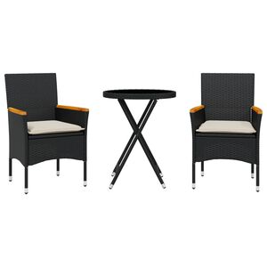 vidaXL Set bistro cu perne, 3 piese, negru, poliratan și sticlă