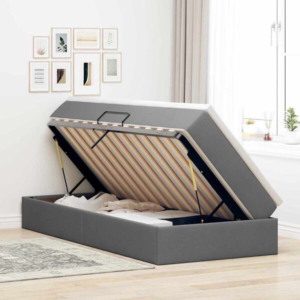 vidaXL Pat cu saltea și spațiu de depozitare Gri &icirc;nchis 90 x 200 cm