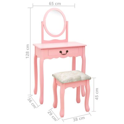 vidaXL Masă toaletă cu taburet, roz, 65x36x128 cm, lemn paulownia, MDF