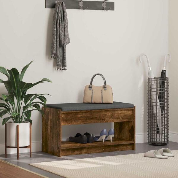 vidaXL Bancă pentru hol cu pernă cu raft Stejar Afumat 83 x 38 x 45 cm