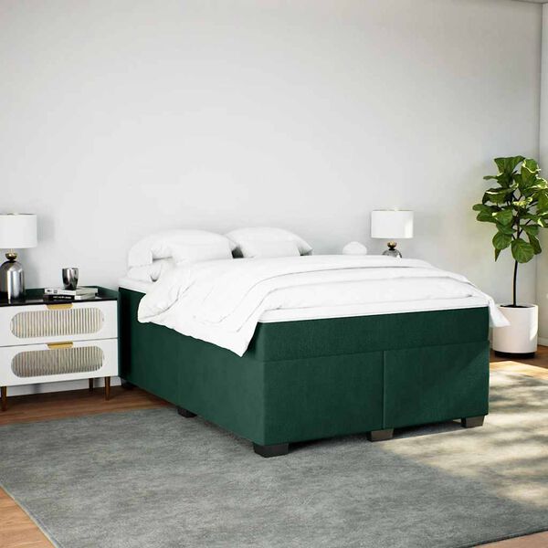vidaXL Pat box spring cu saltea, verde &icirc;nchis, 140x190 cm, catifea