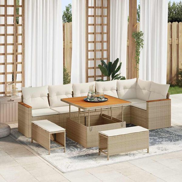 vidaXL Set de canapele pentru grădină cu pernă 9 pcs Bej Rattan poli