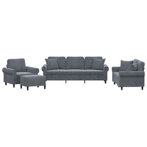 vidaXL Set canapea cu perne, 4 piese, gri &icirc;nchis, catifea