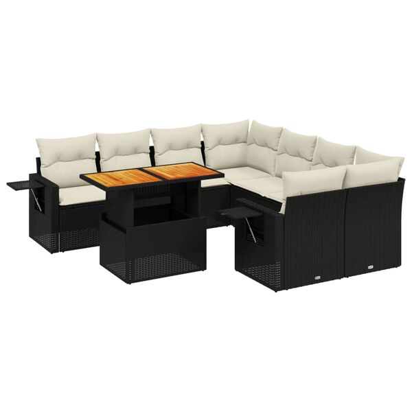 vidaXL Set mobilier de grădină cu perne, 9 piese, negru, poliratan