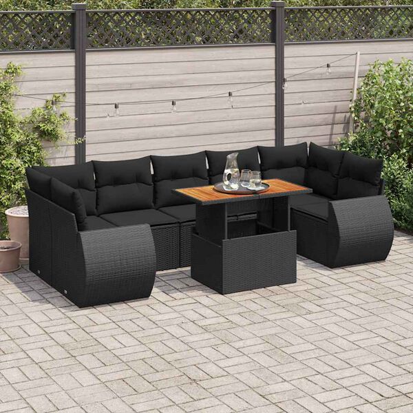 vidaXL Set mobilier de grădină cu perne, 8 piese, negru, poliratan