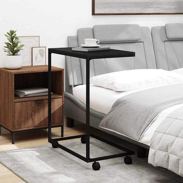 vidaXL Masă laterală cu roți, negru, 55x35x70 cm, lemn prelucrat