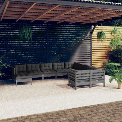 vidaXL Set mobilier grădină cu perne, 10 piese, gri, lemn de pin