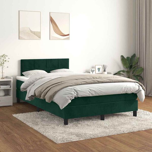 vidaXL Pat box spring cu saltea, verde &icirc;nchis, 120x200 cm, catifea