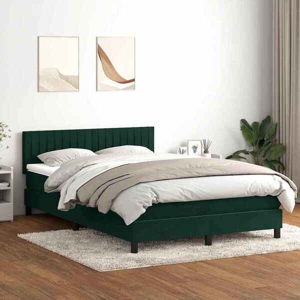 vidaXL Pat box spring cu saltea, verde &icirc;nchis, 160x220 cm, catifea