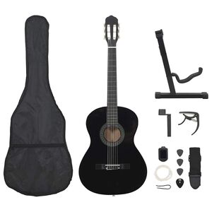 vidaXL Set de chitară clasică &icirc;ncepători, 12 piese, negru, 4/4 39"