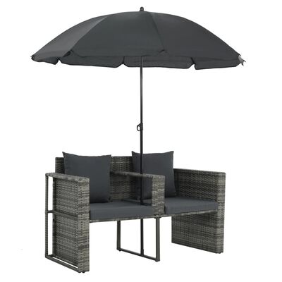 vidaXL Canapea de grădină cu 2 locuri cu perne & umbrelă gri poliratan