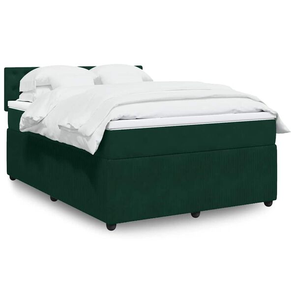 vidaXL Pat box spring cu saltea, verde &icirc;nchis, 140x190 cm, catifea