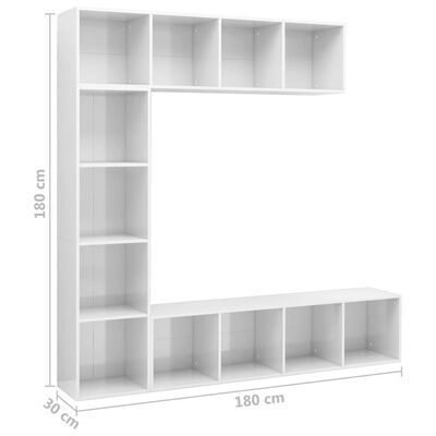 vidaXL Set bibliotecă TV, 3 piese, alb foarte lucios, 180x30x180 cm